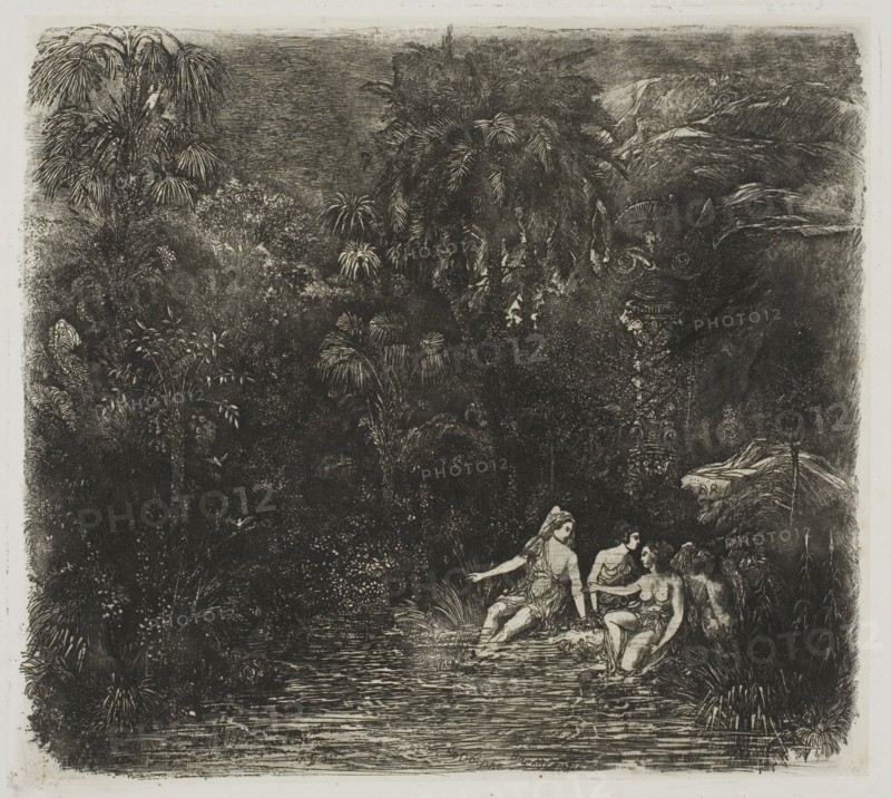 The Bathers beneath the Palms, 1871, Rodolphe Bresdin, French, 1825-1885, France, Etching on ivory China paper laid down on white wove paper, 137 × 124 mm (image), 128 × 140 mm (plate), 270 × 360 mm (sheet)