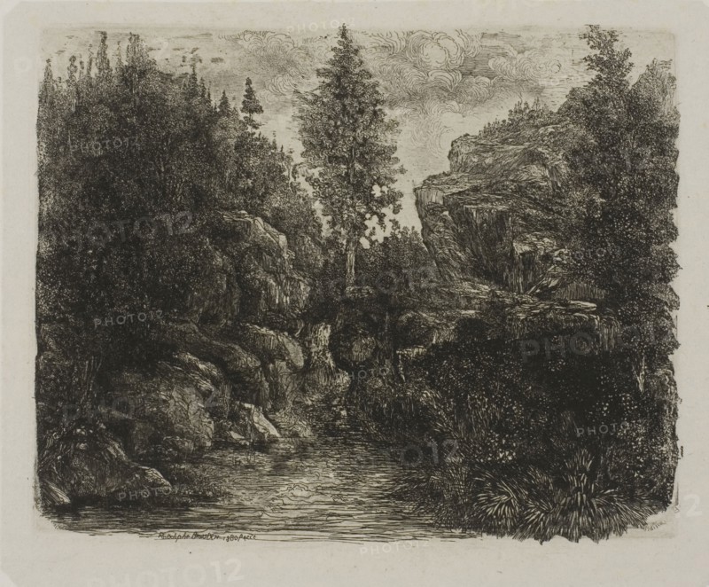Rocky Landscape, 1880, Rodolphe Bresdin, French, 1825-1885, France, Etching on off-white China paper laid down on white wove paper, 118 × 148 mm (image), 135 × 164 mm (chine), 139 × 170 mm (plate), 450 × 315 mm (sheet)
