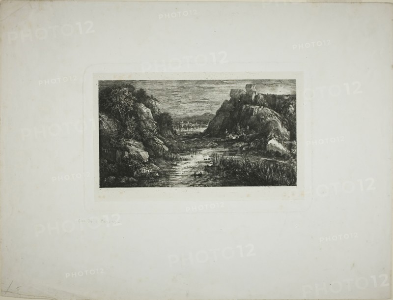 The Distant City, 1868, Rodolphe Bresdin, French, 1825-1885, France, Etching and roulette on ivory China paper laid down on white wove paper, 97 × 180 mm (image), 108 × 193 mm (chine), 134 × 210 mm (plate), 272 × 360 mm (sheet)