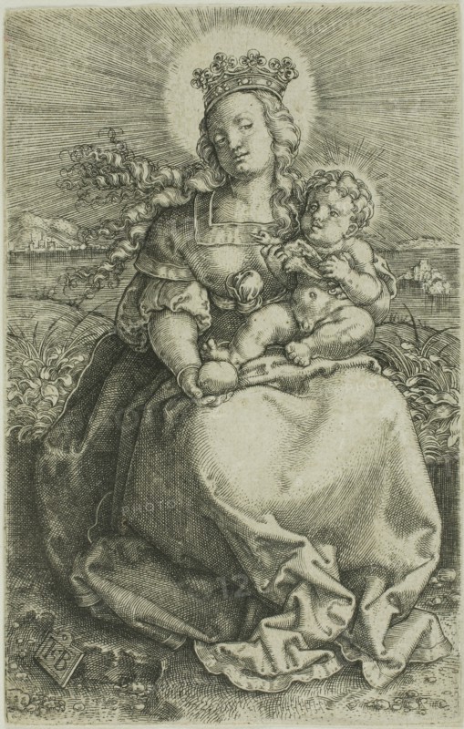 The Virgin on the Grassy Bank, 1520/69, Jacob Binck, German, c. 1500-1569, Germany, Engraving in black on ivory laid paper, 129 × 81 mm (image/plate/sheet)