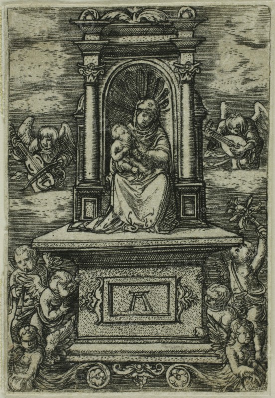 ‘The Beautiful Virgin of Regensburg’ with the Child on a Throne, Surrounded by Angels with Musical Instruments, 1519/20, Albrecht Altdorfer, German, c.1480-1538, Germany, Engraving in black on ivory laid paper, 60 × 40 mm (image)