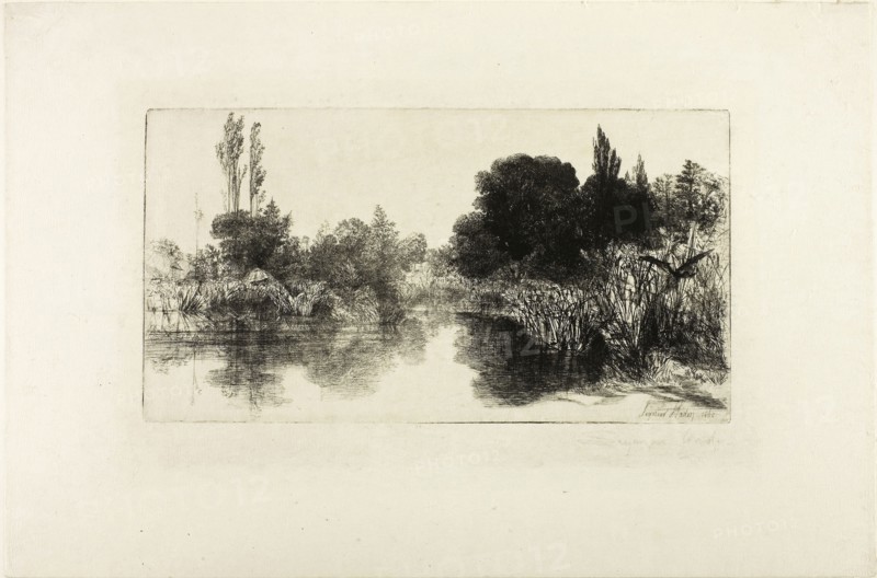 Shere Mill Pond, No. II (large plate), 1860, Francis Seymour Haden, English, 1818-1910, England, Etching with drypoint on ivory Japanese paper, 179 × 335 mm (image/plate), 330 × 497 mm (sheet)