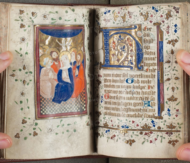 Book of Hours, c. 1420 (20th century binding), Netherlandish (Utrecht), 15th century, Netherlands, Manuscript with 259 folios, six miniatures and other decorations in tempera and gold leaf, with Dutch inscriptions in littera textualis, in blackish brown ink, ruled in graphite, on parchment, in a modern binding of brown morocco over wooden boards, with stamped designs on the endbands, and with machine cut edges, marbled in red and blue, 130 x 100 mm (sheets)