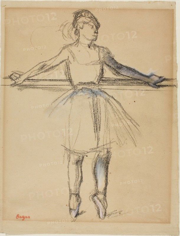 Dancer at the Bar (on Point), c. 1885, Edgar Degas, French, 1834-1917, France, Charcoal with pastel and estompe on tan laid paper, 320 × 244 mm
