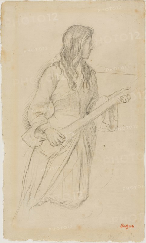 Young Woman Playing a Mandolin, Study for Portrait of Mlle. Fiocre in the Ballet La Source, 1866/68, Edgar Degas, French, 1834-1917, France, Graphite on ivory laid paper, 355 × 213 mm