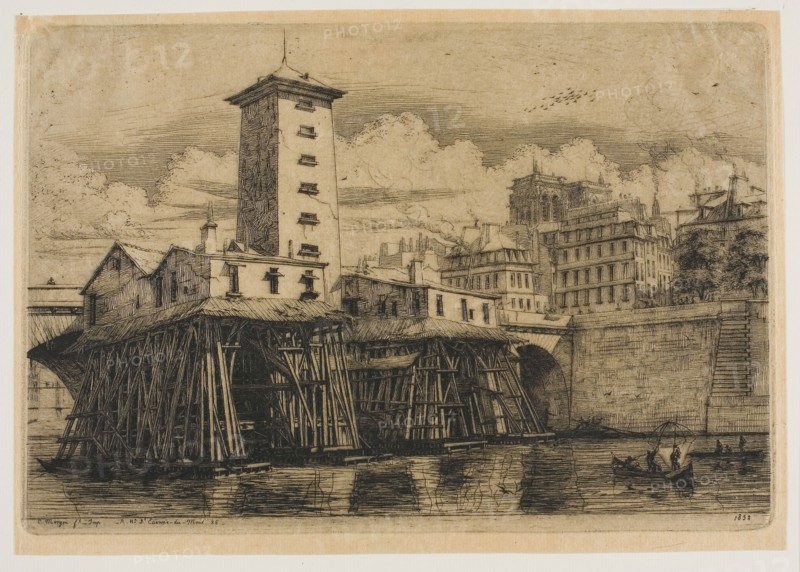 La Pompe Notre-Dame, Paris, 1852, Charles Meryon, French, 1821-1868, France, Etching with drypoint on tan laid chine, hinged to ivory laid paper, 172 × 253 mm (image), 172 × 253 mm (plate), 182 × 260 mm (primary support), 231 × 320 mm (secondary support)