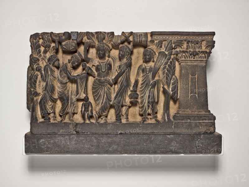 The Birth and the First Seven Steps of the Buddha, Kushan period, about 2nd/3rd century, Pakistan, Present-day Khyber Pakhtunkhwa Province, ancient region of Gandhara, Gandhara, Phyllite, 27.3 × 52.1 × 10.8 cm (10 3/4 × 20 1/2 × 4 1/4 in.)
