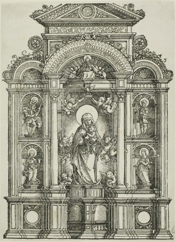 Altarpiece with the Beautiful Virgin of Regensburg and Saints Christopher, Mary Magdalen, Florian and Catherine Standing in Niches, with God the Father Above, 1519/38, Albrecht Altdorfer, German, c.1480-1538, Germany, Woodcut in black on cream laid paper, 302 × 220 mm (image/block/sheet)
