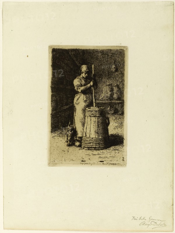 A Woman Churning, 1855, Jean François Millet (French, 1814-1875), printed by Auguste Delâtre (French, 1822-1907), France, Etching and drypoint in dark brown on ivory laid paper, 178 × 117 mm (image/plate), 336 × 250 mm (sheet)