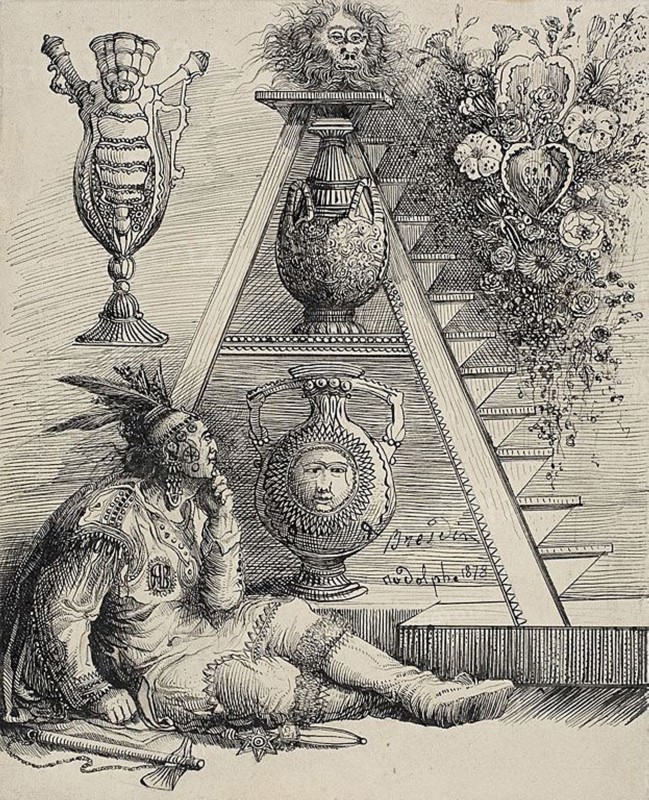 A North American Indian, 1878, Rodolphe Bresdin, French, 1825-1885, France, Pen and black ink, over traces of red chalk and graphite, on ivory wove paper, laid down on card, 168 × 137 mm