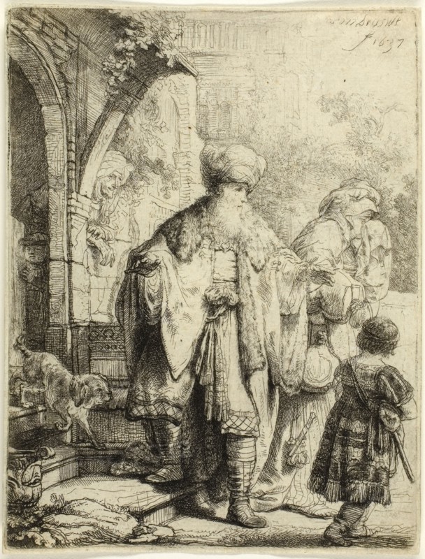 Abraham Casting out Hagar and Ishmael, 1637, Rembrandt van Rijn, Dutch, 1606-1669, Holland, Etching on paper, 127 x 96 mm (image/plate), 129 x 98 mm (sheet)