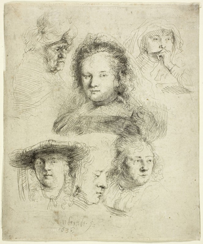 Studies of the Head of Saskia and Others, 1636, Rembrandt van Rijn, Dutch, 1606-1669, Holland, Etching on white laid paper, 154 x 127 mm (sheet, trimmed to platemark)