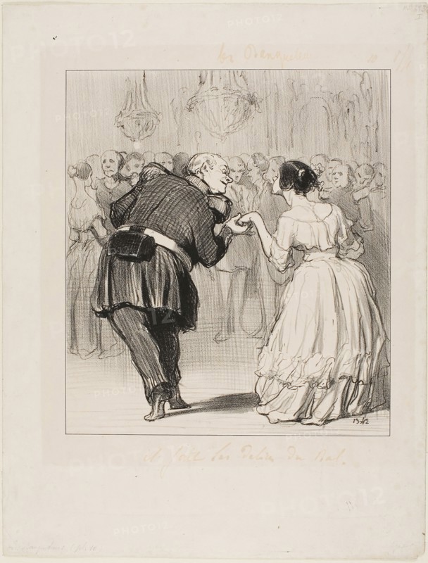 He delights in the ball, plate 10 from Les Banqueteurs, 1849, Honoré Victorin Daumier (French, 1808-1879), printed by Aubert & Cie. (French, active 19th century), France, Lithograph in black on white wove paper, 236 × 209 mm (image), 359 × 273 mm (sheet)