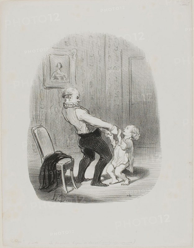 The First Dance Lession, from Les Papas, 1848, Honoré Victorin Daumier, French, 1808-1879, France, Lithograph in black on white wove paper, 250 × 193 mm (image), 357 × 273 mm (sheet)