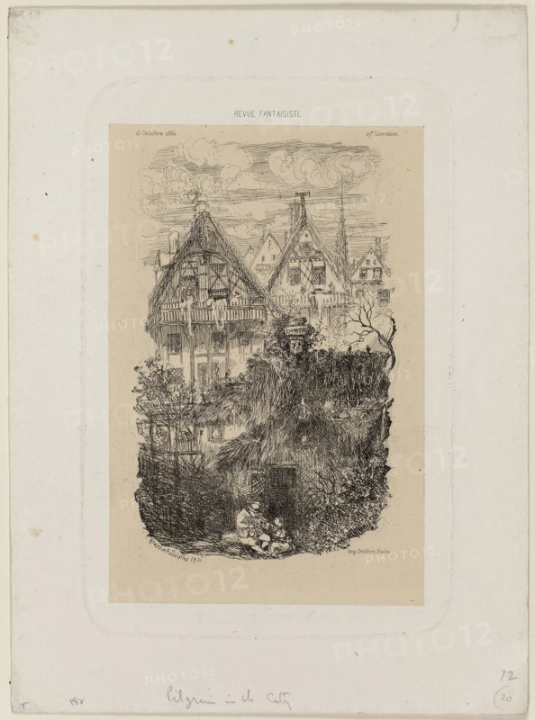 The Neighborhood, from Revue Fantaisiste, 1861, Rodolphe Bresdin, French, 1825-1885, France, Etching on cream China paper laid down on white wove paper, 144 × 95 mm (chine), 167 × 111 mm (plate), 211 × 154 mm (sheet)