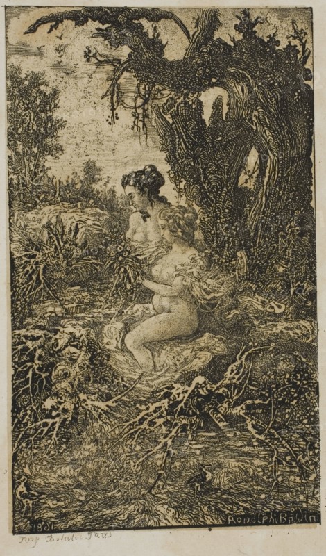Two Women Bathing at Water’s Edge, from Revue Fantaisiste, 1861, Rodolphe Bresdin, French, 1825-1885, France, Etching on cream China paper laid down on ivory wove paper, 141 × 81 mm (plate), 216 × 149 mm (sheet)