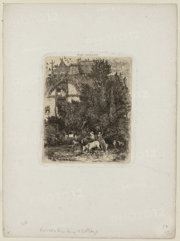 The House with the Curved Façade, from Revue Fantaisiste, 1861, Rodolphe Bresdin, French, 1825-1885, France, Etching on cream China paper laid down on white wove paper, 108 × 91 mm (plate), 222 × 163 mm (sheet)