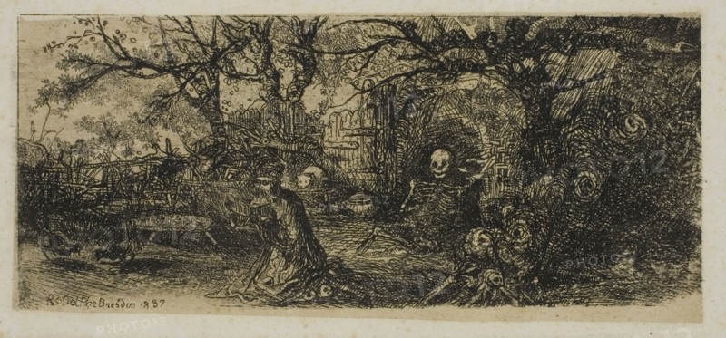 St. Anthony and Death, 1837, Rodolphe Bresdin, French, 1825-1885, France, Etching on cream China paper laid down on white wove paper, 97 × 42 mm (image), 105 × 50 mm (sheet)