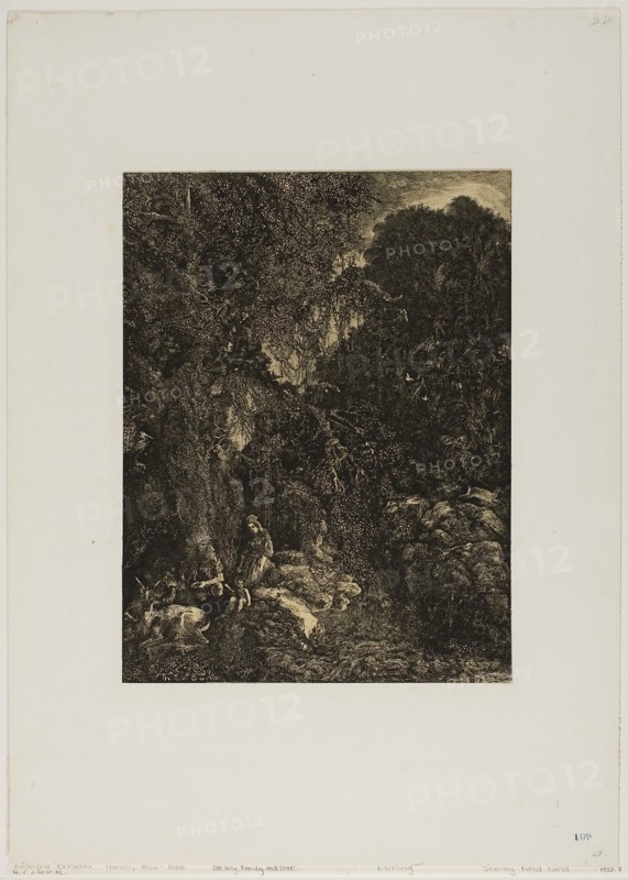Holy Family with Deer, 1871, Rodolphe Bresdin, French, 1825-1885, France, Lithograph (etching transfer) on cream China paper laid down on white wove paper, 263 × 200 mm (image/chine), 440 × 315 mm (sheet)