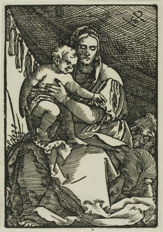 The Holy Family Under the Canopy, n.d., Sebald Beham, German, 1500-1550, Germany, Woodcut in black on ivory laid paper, 124 × 85 mm (image/block), 128 × 90 mm (sheet)