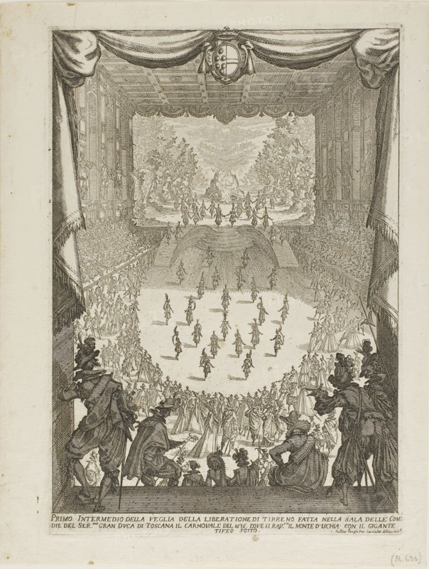 First Intermezzo of the Veglia of theLiberation of Tyrsenus and Arnea, 1617, published 1668, Jacques Callot (French, 1592-1635), after Giulio Parigi (Italian, 1571-1635), France, Etching on paper, 285 × 195 mm (image), 318 × 243 mm (sheet)
