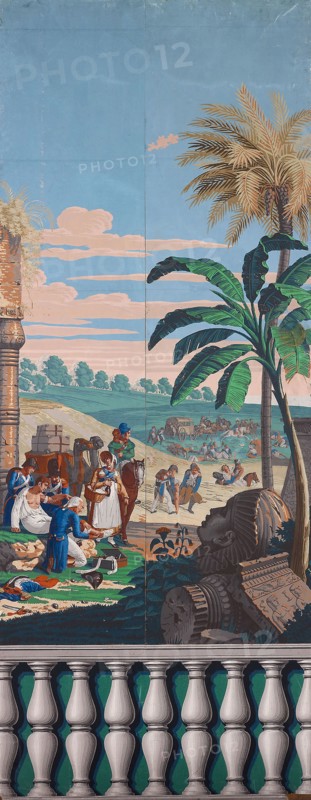 Scenic Wallpaper: The Battle of Heliopolis, First edition, c. 1818, Designed by Jean-Julien Deltil, Paris, France, Block-printed, hand colored paper, 230.7 × 307.7 × 2.2 cm (7 ft. 6 13/16 in. × 10 ft. 1 1/8 in. × 7/8 in.)