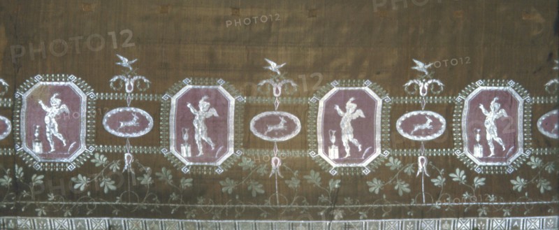 Skirt, c. 1810, France, Silk, plain weave with supplementary brocading wefts, supplementary patterning wefts, and self-patterned by ground weft floats, two panels and two fragments pieced, woven on loom with Jacquard attachment, 108.4 × 179.9 cm (42 5/8 × 70 7/8 in.)