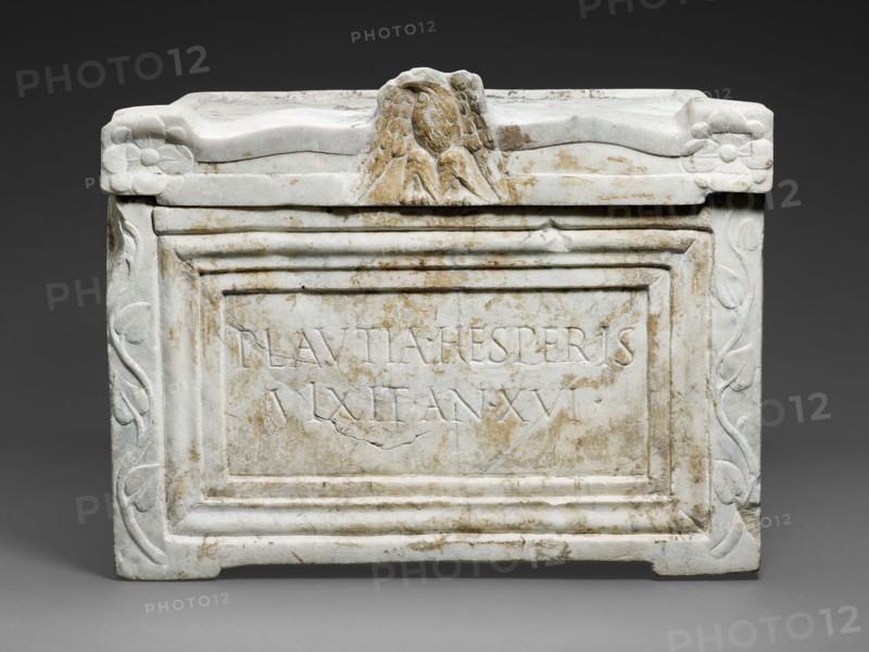 Cinerary Urn of Plautia Hesperis, 1st century AD, Roman, Italy, Marble, a (urn): 18.7 × 33.3 ×  31.4  cm (7 3/8 × 13 1/8 × 13 3/8 in), Head of an Old Woman, n.d., Cornelis Visscher, Dutch, c. 1629-1658, Holland, Engraving on ivory paper, 138 x 92 mm