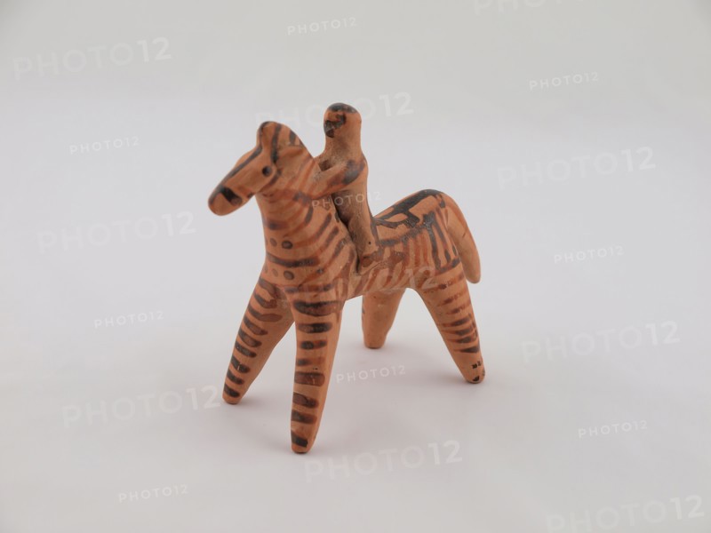 Statuette of a Horse and Rider, 575/525 BC, Greek, Boeotia, Dodona, terracotta, 11.4 × 13 × 5.6 cm (4 1/2 × 5 1/8 × 2 3/16 in.)