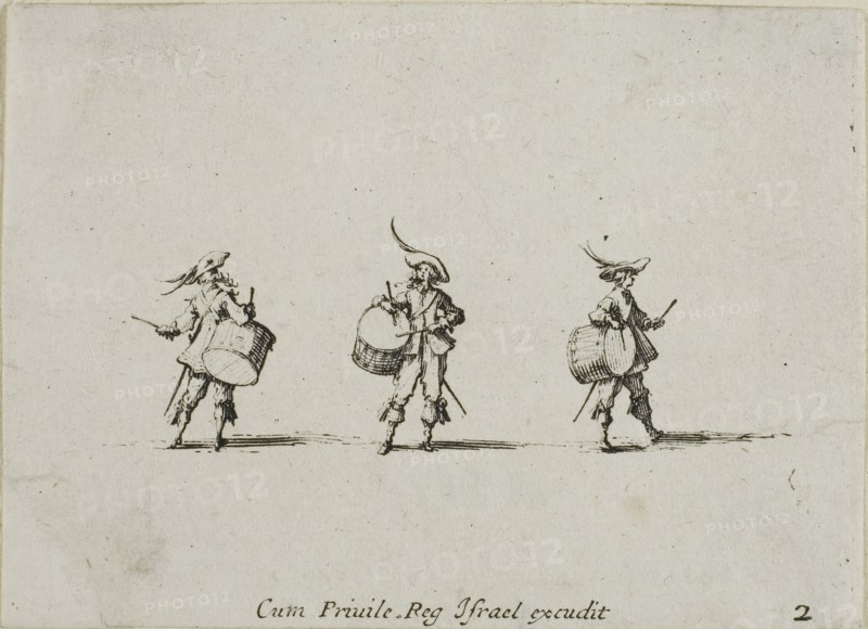 Drill with Drums, plate two from The Military Exercises, published 1635, Jacques Callot (French, 1592-1635), published by Israël Henriet (French, 1590-1661), France, Etching on paper, 61 × 85 mm