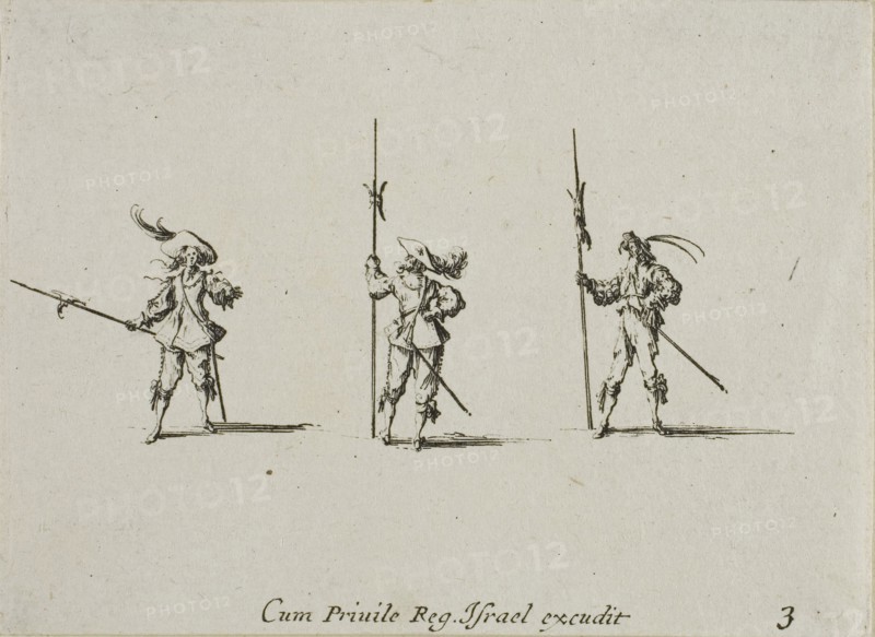 Drill with Halberds, plate three from The Military Exercises, published 1635, Jacques Callot (French, 1592-1635), published by Israël Henriet (French, 1590-1661), France, Etching on paper, 61 × 84 mm