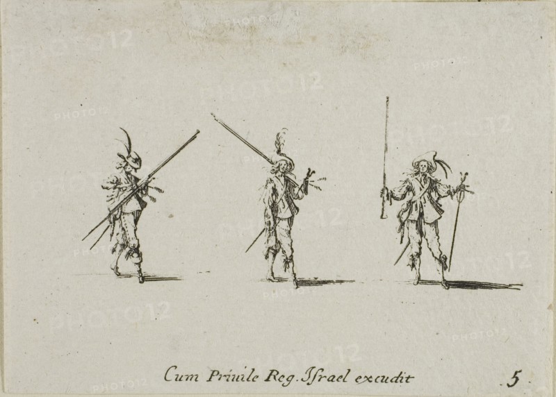 Drill with Tilted Pikes, plate five from The Military Exercises, published 1635, Jacques Callot (French, 1592-1635), published by Israël Henriet (French, 1590-1661), France, Etching on paper, 60 × 83 mm