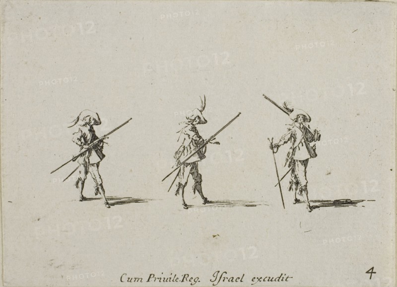 Drill with the Musket, plate four from The Military Exercises, published 1635, Jacques Callot (French, 1592-1635), published by Israël Henriet (French, 1590-1661), France, Etching on paper, 60 × 82 mm