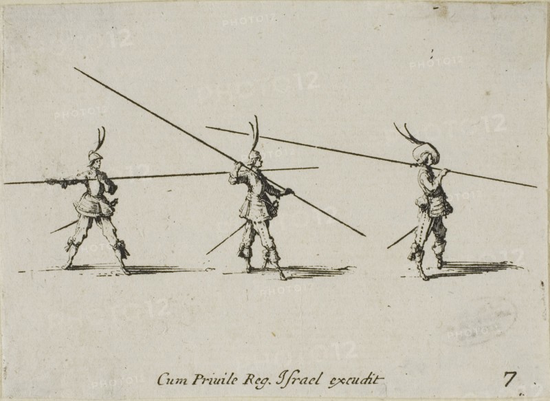 Drill with the Musket, plate seven from The Military Exercises, published 1635, Jacques Callot (French, 1592-1635), published by Israël Henriet (French, 1590-1661), France, Etching on paper, 59 × 83 mm