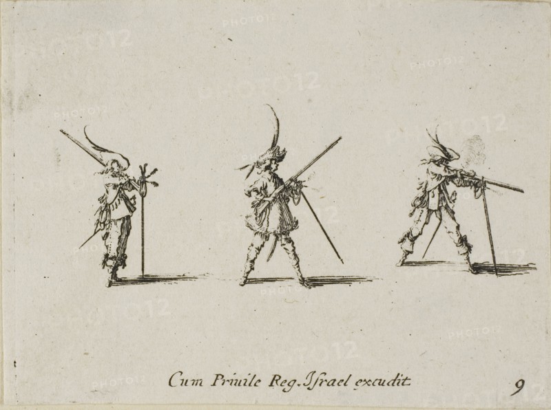 Firing the Musket, plate nine from The Military Exercises, published 1635, Jacques Callot (French, 1592-1635), published by Israël Henriet (French, 1590-1661), France, Etching on paper, 61 × 83 mm