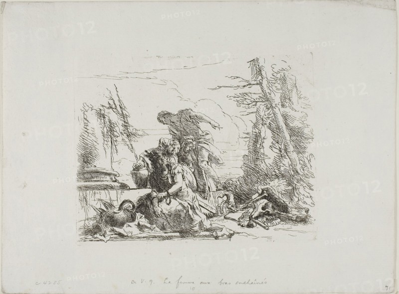 A Woman with her Arms in Chains and Four Other Figures, from Capricci, 1740/50, published 1785, Giambattista Tiepolo, Italian, 1696-1770, Italy, Etching on paper, 137 x 175 mm