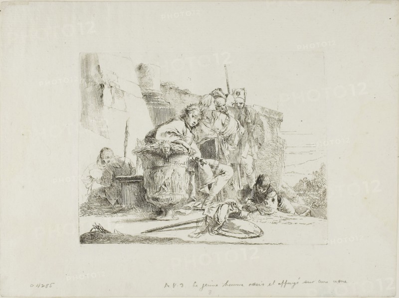 Seated Youth Leaning Against an Urn, from Capricci, 1740/50, published 1785, Giambattista Tiepolo, Italian, 1696-1770, Italy, Etching on paper, 140 x 180 mm