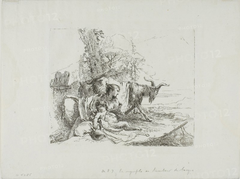 A Nymph with a Small Satyr and Two Goats, from Capricci, 1740/50, published 1785, Giambattista Tiepolo, Italian, 1696-1770, Italy, Etching on paper, 141 x 175 mm