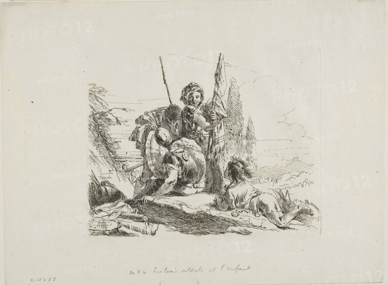 Three Soldiers and a Boy, from Capricci, c. 1740, published 1785, Giambattista Tiepolo, Italian, 1696-1770, Italy, Etching on paper, 142 x 176 mm