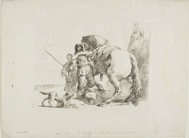 The Rider Standing by His Horse, from Capricci, 1740/50, Giambattista Tiepolo, Italian, 1696-1770, Italy, Etching on paper, 140 x 184 mm (plate), 216 x 292 mm sheet)