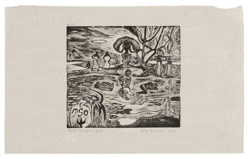 Mahana atua (Day of the God), 1894/95, printed and published 1921, Paul Gauguin (French, 1848-1903), printed by Pola Gauguin (Danish, born France, 1883-1961), published by Christian Cato, Copenhagen, France, Wood-block print in black ink on grayish-ivory China paper, 182 × 203 mm (image), 267 × 429 mm (sheet)
