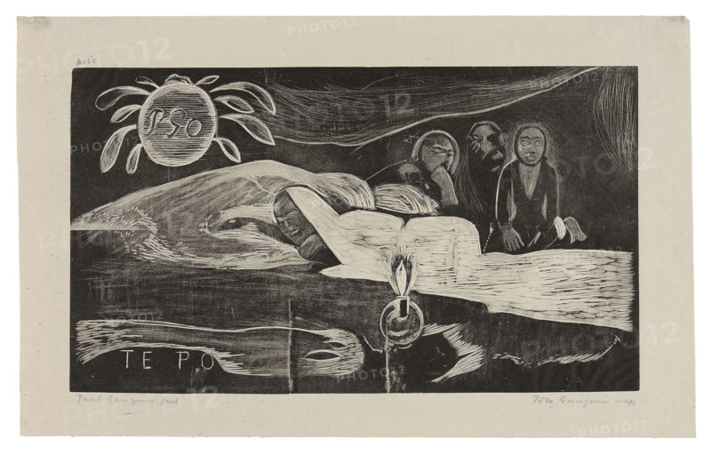 Te po (The Night), from the Noa Noa Suite, 1893–94, printed and published 1921, Paul Gauguin (French, 1848-1903), printed by Pola Gauguin (Danish, born France, 1883-1961), published by Christian Cato, Copenhagen, France, Wood-block print in black ink on grayish-ivory China paper, 204 × 358 mm (image), 266 × 425 mm (sheet)