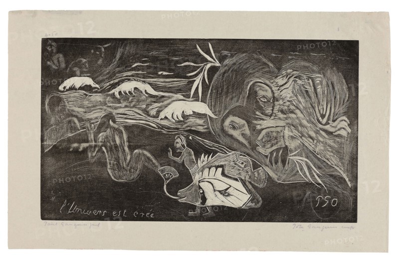 L’univers est créé (The Universe Is Being Created), from the Noa Noa Suite, 1893–94, printed and published 1921, Paul Gauguin (French, 1848-1903), printed by Pola Gauguin (Danish, born France, 1883-1961), published by Christian Cato, Copenhagen, France, Wood-block print in black ink on grayish-ivory China paper, 205 × 355 mm (image), 269 × 426 mm (sheet)