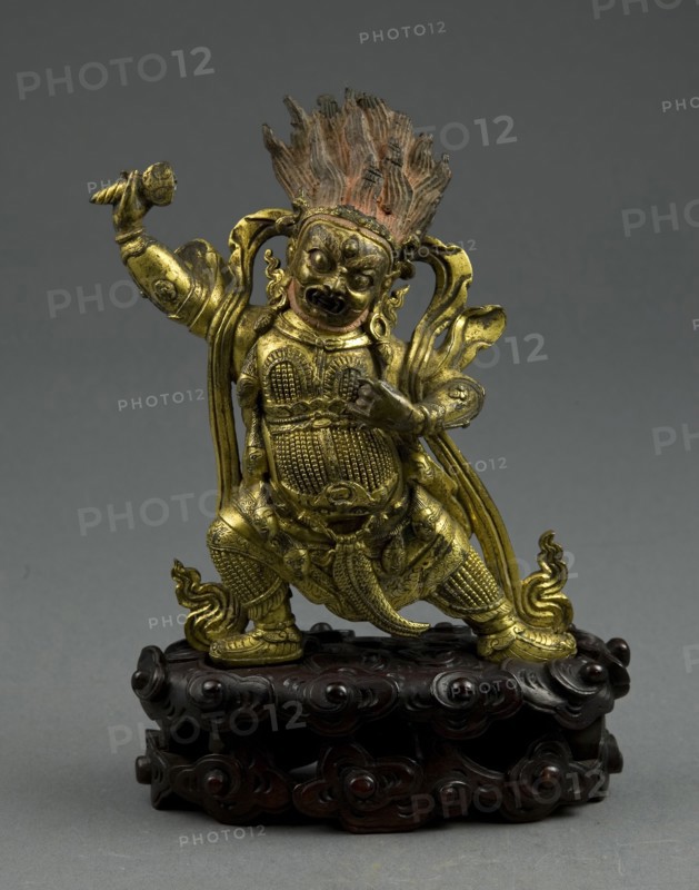 Protector Deity Begtse Chen, 19th century, Tibet or Mongolia, Tibet, Gilt copper alloy with traces of orange pigment, 14.6 x 12.8 x 4.2 cm (5 3/4 x 5 x 1 5/8 in.)