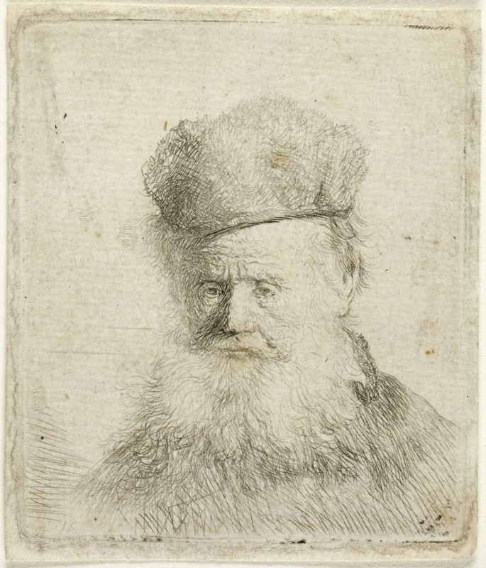 Bust of an Old Man with a Fur Cap and Flowing Beard, Nearly Full Face, c. 1631, Rembrandt van Rijn, Dutch, 1606-1669, Holland, Etching on paper, 53 x 53 mm (image), 62 x 53 mm (plate), 67 x 57 mm (sheet)