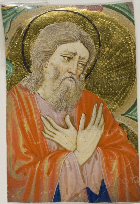 Saint in a Historiated Initial from a Choirbook, c. 1430, Italian (Venice), Cristoforo Cortese (Italian, flourished c. 1399-before 1445), Italy, Manuscript cutting in tempera and gold leaf, with incising, and with gothica textualis inscriptions in black ink, ruled in red ink, on parchment, 98 x 64 mm