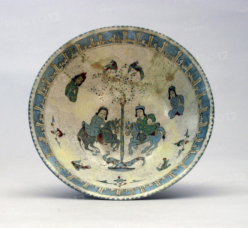 Bowl with Two Figures on Horseback, late 12th/early 13th century, Iran, probably Kashan, Iran, Fritware with in-glaze and overglaze painting in enamels and gilding (mina'i technique), 8.4 x 4.5 cm (3 1/4 x 8 1/2 in.)