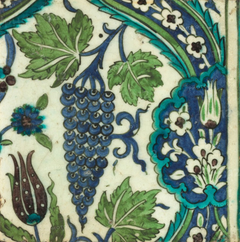 Tile, 16th/17th century, Syria, Turkey, Fritware, painted in blue, turquoise, green, purple, and black under a transparent glaze, 26.2 × 25.7 × 2.2 cm (10 5/16 × 10 1/8 × 7/8 in.)