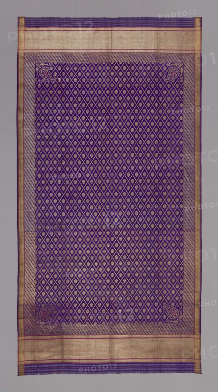 Scarf, 19th century, Eastern India, India, Silk, plain simple cloth, semi-transparent brocaded with gold wound on yellow silk core, stripes and four corner motifs of red silk and border of gold warp along selvages, 247 x 125.7 cm (97 1/4 x 49 1/2 in.)