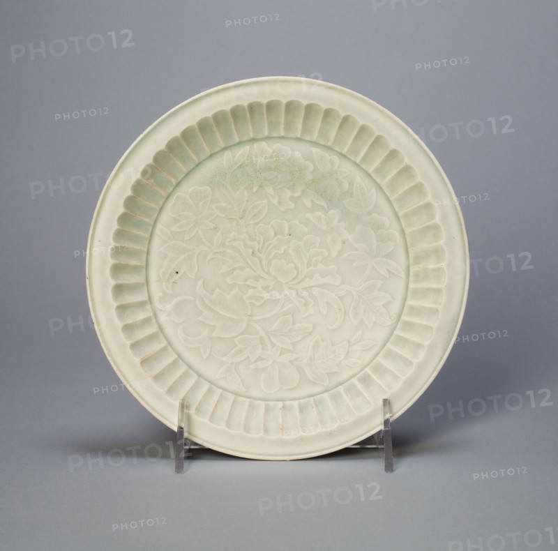 Dish with Peonies and Leaves, Song dynasty (960–1279), China, Porcelain with underglaze molded decoration, H. 3.5 cm (1 3/8 in.), diam. 17.7 cm (7 in.)